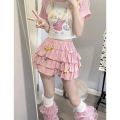 Y2K Sweet Ruffles Mini Skirt Women Kawaii Lolita Bow A Line Skirts Harajuku Japanese High Waist Pink White Ball Gown Skirt. 