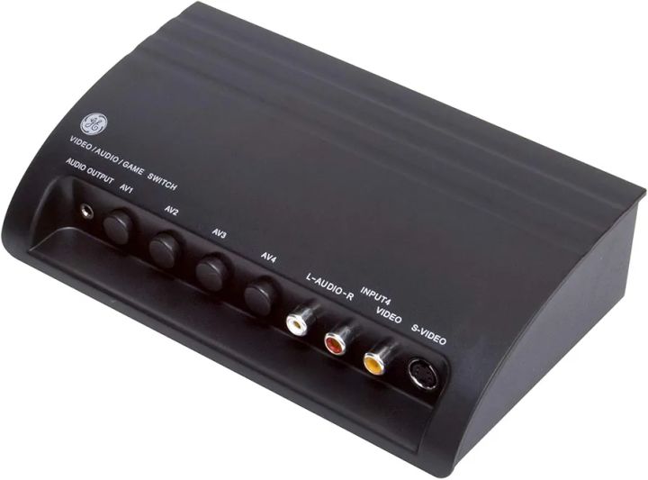 GE 4-Way RCA Switch AV Splitter Switch, for Connecting 4 RCA Output Devices to Your TV, S-Video Support, Audio/Video, Game Consoles, DVD, VCR, 38807