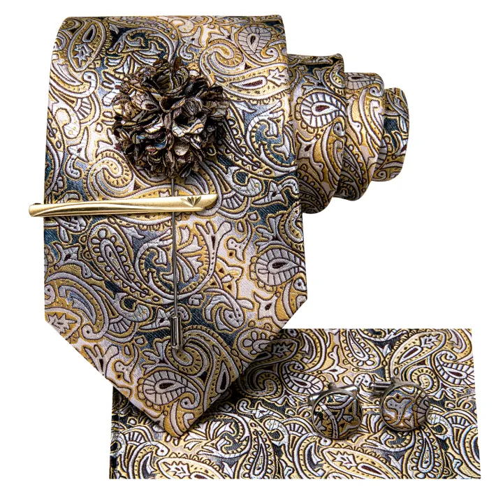 Yellow%20Brown%20Paisley%20Tie%20For%20Men%20Men's%20Tie%20Clip%20%20Luxury%20Necktie%20Hanky%20Cufflinks%20Brooch%20Set%20Formal%20Wedding%20Party%20Business%20-%20Image%202
