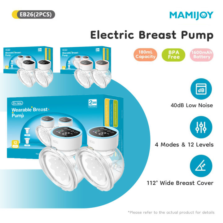 MAMIJOY 2PCS Wearable Electric Breast Pumps 4 Modes&12 Levels Hands Free Breast Pump 40dB Low Noise Free 19/24mm Flange DEB26D