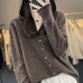 First Line 100% Merino Wool Knitted Cardigan Women's Autumn And Winter Hoodie Loose Sweater Fashionable Versatile Coat Top YC014.