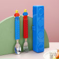 304 Stainless Kids Funny Fork Spoon Set Children Building Block Toys Cartoon Steel Tableware Portable Storage Jigsaw Puzzle Toys. 