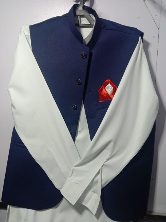shalwar kameez with waist coat wash and wear cloth off white shalwar kameez and navy blue waist coat