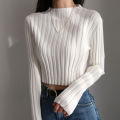 American Retro Stand Collar Solid Color Simple Slim Fit Fashion Short Knitted Long-sleeved Sweater. 