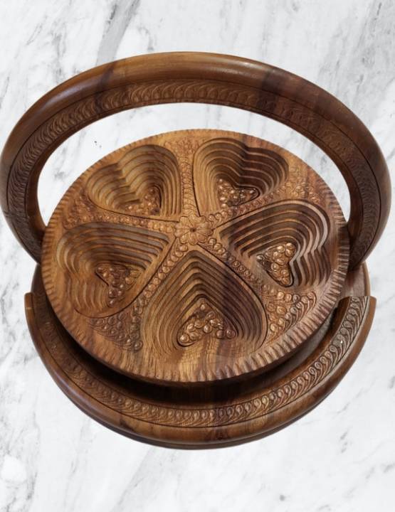 Premium Wooden Dry Fruit Basket with 5 Sections - Elegant Wooden Dry Fruit Set for Gifts & Home Décor
