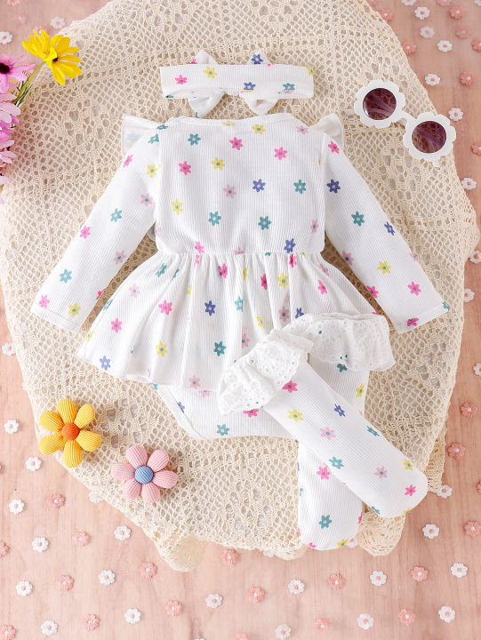 3PCS%20Autumn%20New%20Style%200-1%20Year%20Old%20Newborn%20Girl%20Baby%20Sweet%20And%20Cute%20Printed%20Long-Sleeved%20Clothes%20+%20Socks%20Hair%20Bands%20-%20Image%202