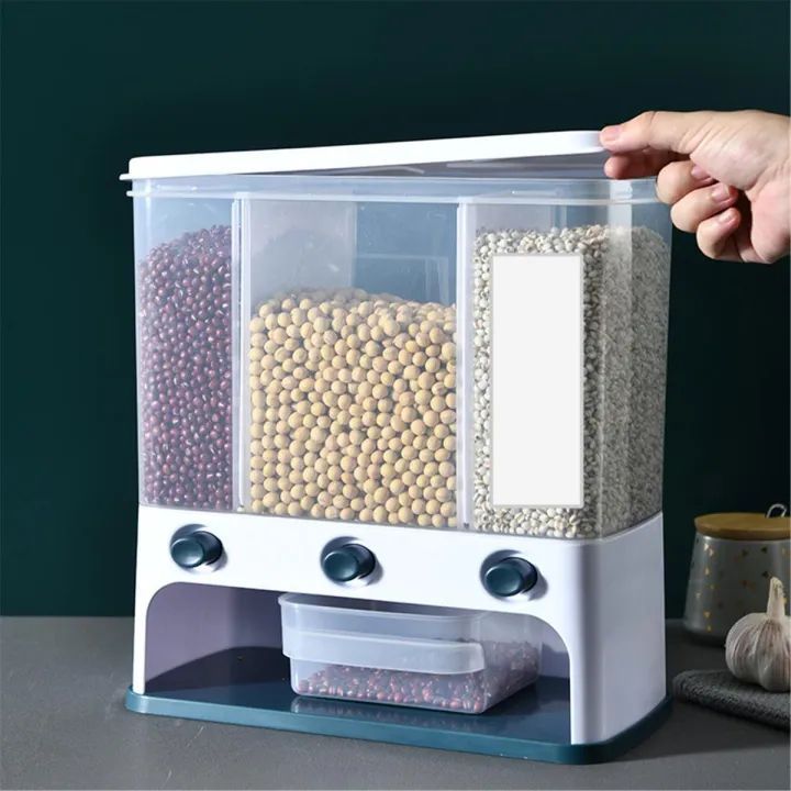 Rice Flour Rack 3 Compartments Wall Mounted Separate Rice Bucket Cereal Dispenser ...