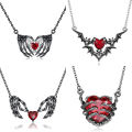 Gothic Punk Bat Wings and Heart-Shaped Resin Pendant Necklace - Dark Fantasy Style Alloy Chain, Halloween for Women, Casual Fashion Accessories.