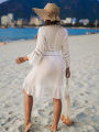 Summer Crochet Boho Beach Swimsuit Bikini Cover Up Lace-Up Hairball Long Blouse Hollow Out Open-Front Cover-Up Duster Kimono.