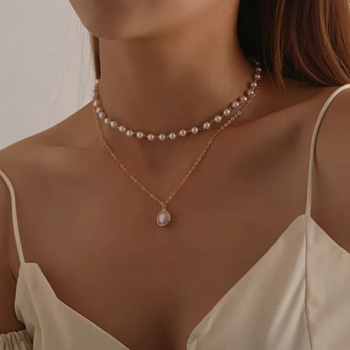Pearl Choker Necklace Double Layer Chain Pendant for Women