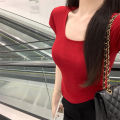 Sexy Slit Niche Design Crop Top Women Square Neck Slim Solid Short Sleeve Tee All-match Korean Popular Summer New Top. 