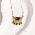 Stainless Steel Half Round Green Oval Zircon Tassel Pendant Necklace For Women Daily Wear Fashion Neck Chain Waterproof Jewelry.