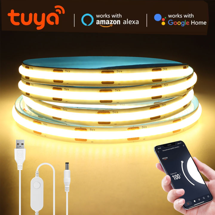 DC5V USB Tuya Smart app WiFi COB LED Strip Light，1M 2M 3M 5M Dimmable COB LED Strip Work With Alexa/Google Home/Smart Life APP lightify