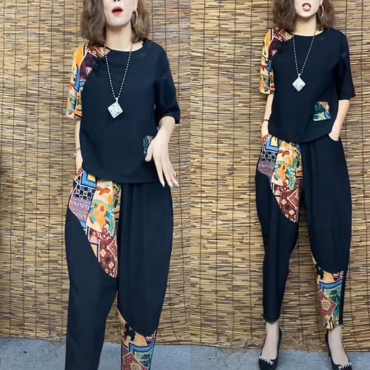 Women's%20Casual%20Suit%202024%20Summer%20New%20Slim%20Short%20Sleeve%20T-Shirt%20Top%20Harlan%20Cropped%20Pants%20Plus%20Fashion%20Cotton%20Linen%202%20Two%20Piece%20Set%20-%20Image%204