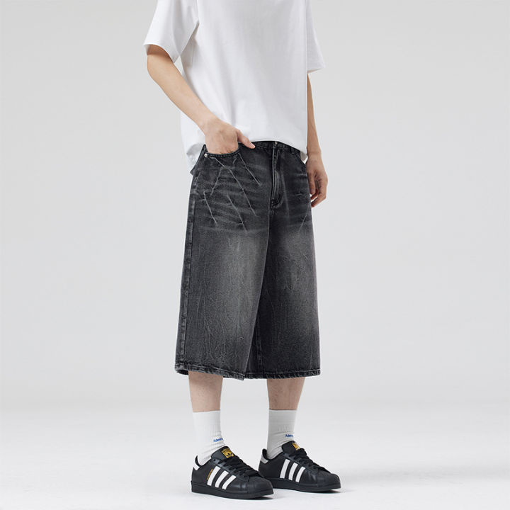 2026%20Summer%20American%20Lightning%20Crack%20Black%20Grey%20Jeans%20Men's%20Straight%20Tube%20Loose%20Wide%20Leg%20Shorts%20Y2k%20Street%20Hip%20Hop%20Sevens%20-%20Image%202