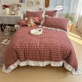 3pcs red,black plaid Duvet Cover Set (1*Duvet Cover + 2*Pillowcase, Without Core), Lace embroidery Bedding Set. 