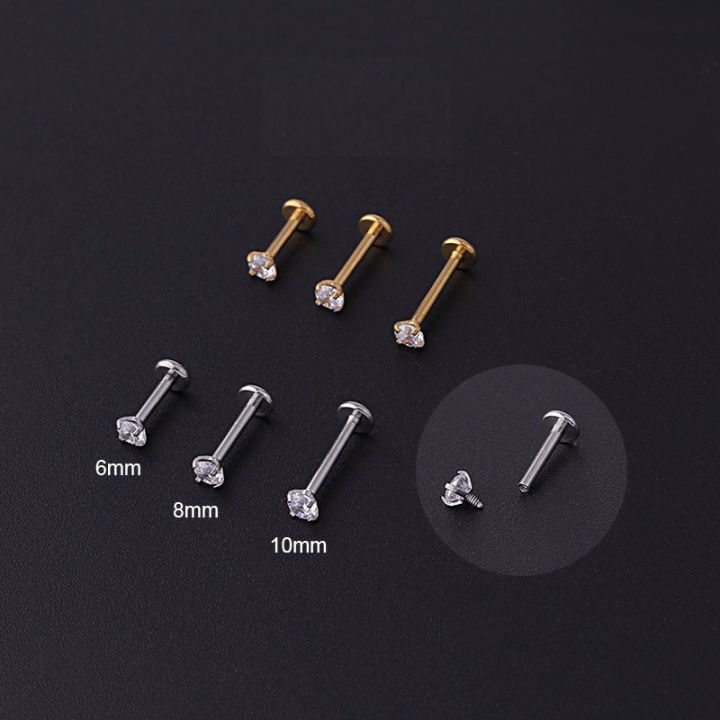 2pcs Stainless Steel Piercing Tragus Stud Earrings, Crystal Labret Small Ear Stud Helix Cartilage Earring for Women Body Jewelry