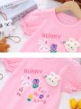 Children's Summer Short Sleeve T-Shirt For Girls 2025 New Fashion T Shirt With Cute Bunny 3D Plush Rabbit Design Casual Top. 
