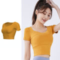Slim Solid T Shirts for Women with Chest Pads Yoga T Shirts Gym Trainning Running High Elastic Fashion Knit Fitness Short Sleeve.