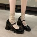 Ladies Summer Black New Small Leather Shoes Mary Janes Vintage Buckle Non-Slip Sandals Woman Medium Heels Casual Elegant Heels. 