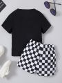 Boys summer casual and comfortable round neck short sleeved T-shirt+checkered shorts sports two-piece set.