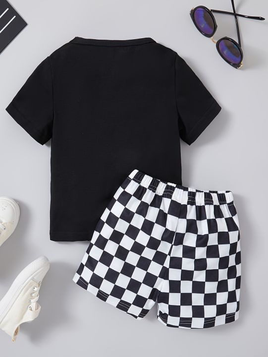 Boys%20summer%20casual%20and%20comfortable%20round%20neck%20short%20sleeved%20T-shirt+checkered%20shorts%20sports%20two-piece%20set%20-%20Image%203
