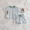 Summer Baby New Set Blue White Stripes Simple Comfortable Short Sleeves+Loose Sports Beach Shorts Boys Girls Clothing. 