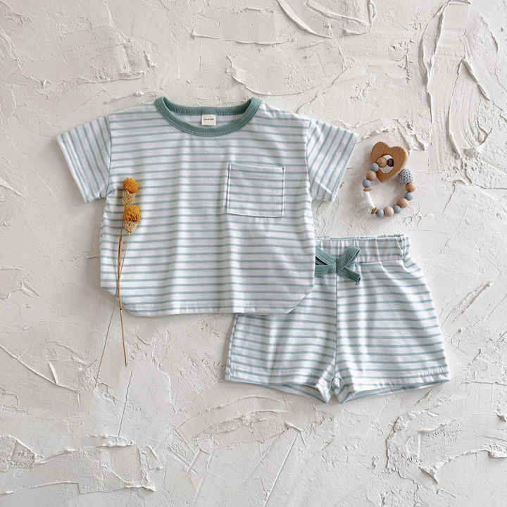 Summer%20Baby%20New%20Set%20Blue%20White%20Stripes%20Simple%20Comfortable%20Short%20Sleeves+Loose%20Sports%20Beach%20Shorts%20Boys%20Girls%20Clothing%20-%20Image%202