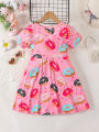 Pink cute donut full print short sleeved round neck girl's dress. 