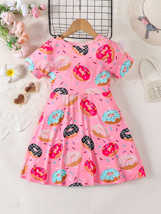Pink%20cute%20donut%20full%20print%20short%20sleeved%20round%20neck%20girl's%20dress%20-%20Image%202