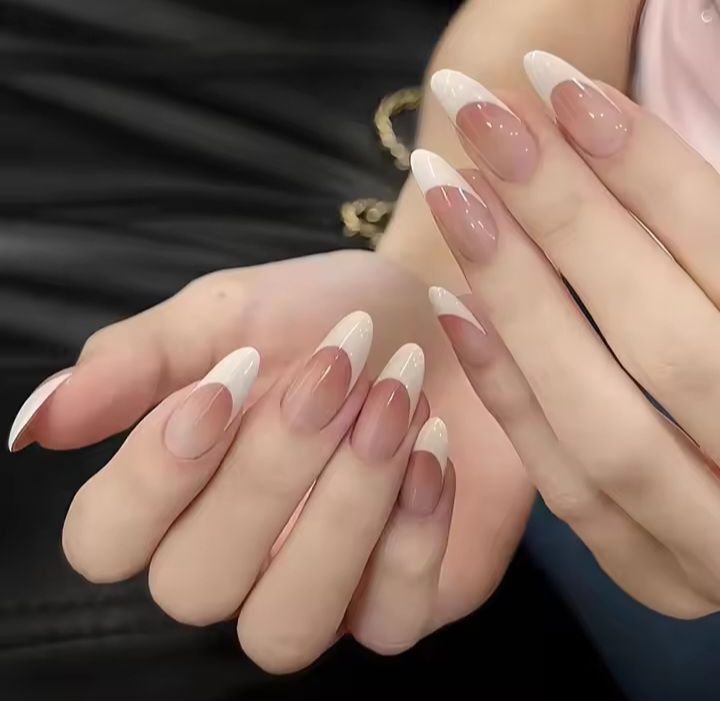 24 French Gel Nail Tips - French Tip Nails Coffee Medium Almond Fake Nails for Nail Art With Glue Stickers Nail File