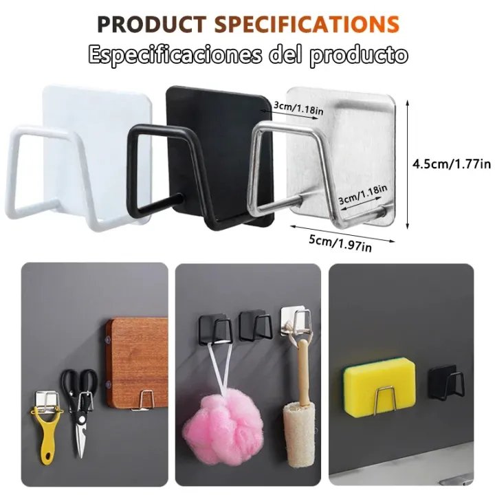Stainless Steel Kitchen Sponge Holder - Self-Adhesive Sink Organizer with Drain, Wall Hooks for Kitchen Tools