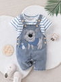 Baby Boy Striped T-Shirt + Cartoon Bear Denim Overalls Set, Cute Summer Casual Outfit for Going Out. 