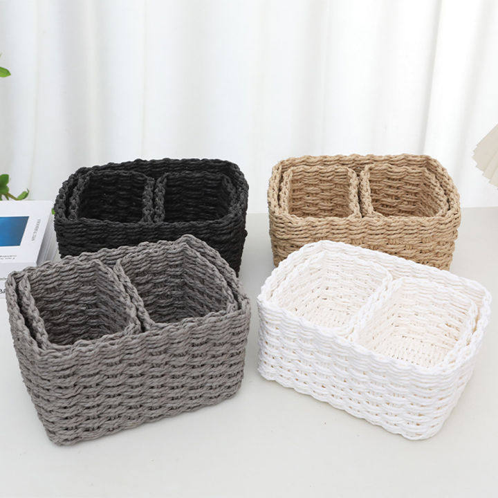 3pcs Handmade Straw Woven Soft Storage Round Paper Rope Storage Basket for Organizing Decorative Storage Bins Office Storage Box