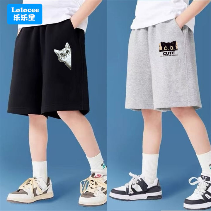 Big Kids Summer Shorts Children Cute Cat Print Cotton Toddler Short Pants Classic Gray/Black School Student Boys Sweatpants MKA1