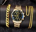 3 Pcs /Mens Fashion Golden Jewelry Deal Top class Casual  Watch + Braclet+Nacklace For Men/Boys Trendy Watch In Random Dial Designs. 
