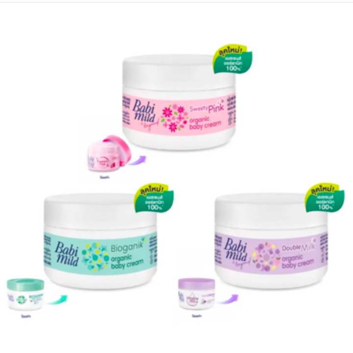 Babi Mild Ultra Mild Bioganik Baby Cream 50g, Whipped Cream 50g, Babi Mild Double Milk Protein Plus Baby Cream 50g, and Babi Mild Sweety Pink Plus Baby Cream 50g