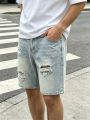 Men Pants Jeans Clothing Denim Trousers Shorts Men's Light Wash Ripped Distressed Casual Denim Shorts. 