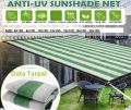 Green White strips Shade Net Pure Quality | 90% Sun shading UV protection | Hooks on every 3 feet intervals | Double stiched border with cotton nawaar. 