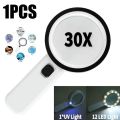 30X High Power UV Light Magnifier with 12 LED Portable Handheld Loupe for Jewelry Repair Reading and Inspection. 