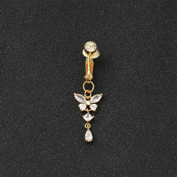 1pc Clip On Butterfly Belly Button Ring for Women, Copper Zircon Fake Belly Piercing Navel Body Jewelry Trendy Fashion Style