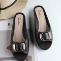 Women's Summer PVC Half Slippers Fashion Square Buckle Casual Chunky Heels Wear Flat Sandals. 