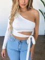Women lady bandage slim tee tops long sleeve one-shoulder bow-tie elastic solid T Shirt cold shoulder sexy crop top Club Street. 