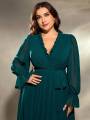 Mgiacy plus size V-neck irregular cross folding wood ear lace chiffon long sleeve dress Evening gown Ball dress Party dress.