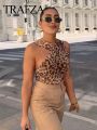 TRAFZA Leopard Print Jumpsuit Women Tulle Ruched Irregular Lady Bodysuit 2024 Summer Backless Beach Slim Halter Playsuit. 