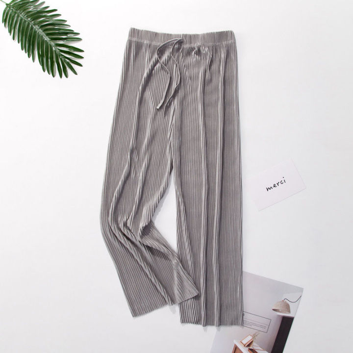 Women's%20Ice%20Silk%20Pleated%20Pants%20Summer%20New%20Loose%20Thin%20Cool%20Breathable%20Straight%20Trousers%20Solid%20Color%20Elastic%20All-match%20Casual%20Pant%20-%20Image%203