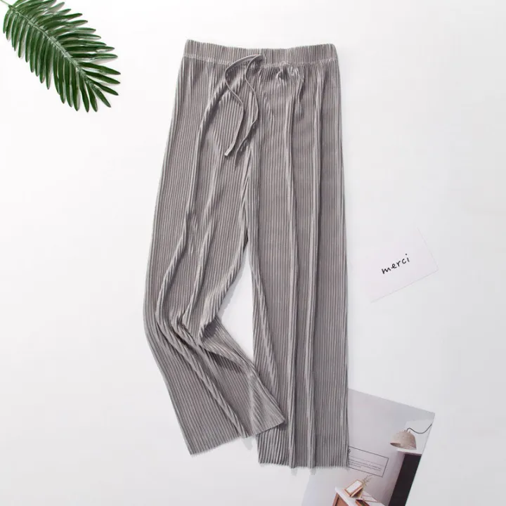 Women's%20Ice%20Silk%20Pleated%20Pants%20Summer%20New%20Loose%20Thin%20Cool%20Breathable%20Straight%20Trousers%20Solid%20Color%20Elastic%20All-match%20Casual%20Pant%20-%20Image%203