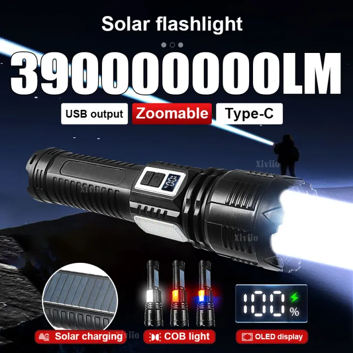 Led Solar Flashlight 39000000LM 1000W LED Solar Flashlight High Power Rechargeable Torch ...