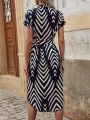 2024 Summer New Fashion Clothing Women's Elegant And Casual V-neck Short Sleeved Stripe Belt Comfortable Dress. 