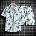 Hawaiian Beach Shirt Ensemble Men's Baggy Short-Sleeved Combo for Hainan Travel Vacation Cartoon Half-Sleeved Floral Shirt Tops. 